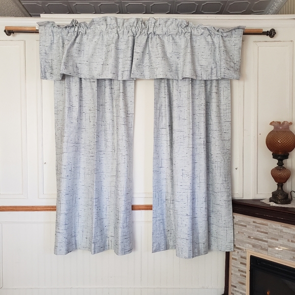 Sears Drapes 48W x 62L Tweed Print Pinch Pleat Curtains Blue VTG 50s 60s NEW - Picture 10 of 16